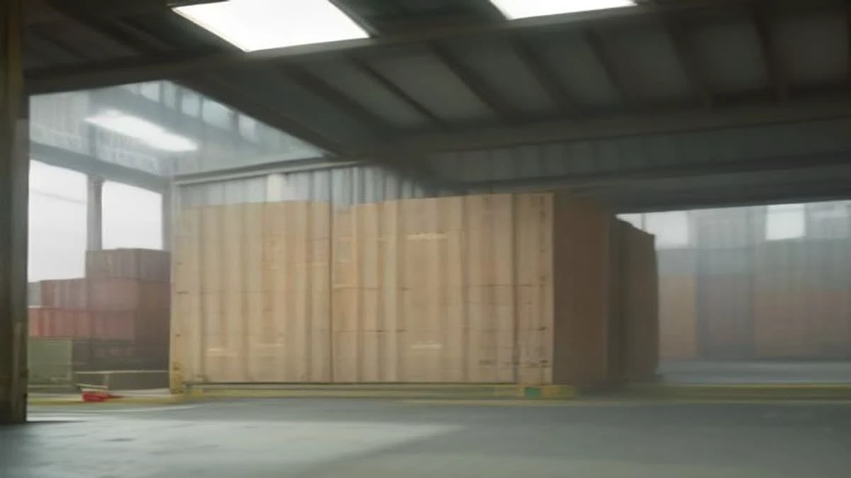 over-the-shoulder view of a wide shot of loading docks with containers and a forklift in motion (illustrative image)